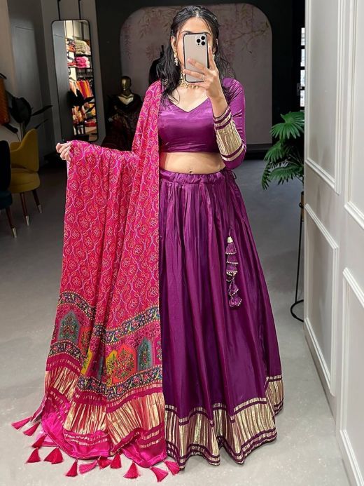 Buy Women Purple Abstract Print Lehenga Set With Embellished Blouse And  Dupatta - Ready To Wear Lehengas - Indya