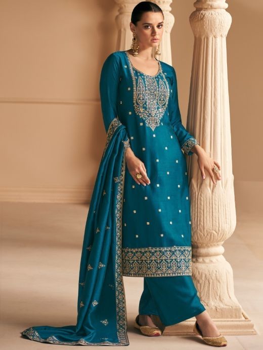 Teal Embroidered Straight Pant Style Suit