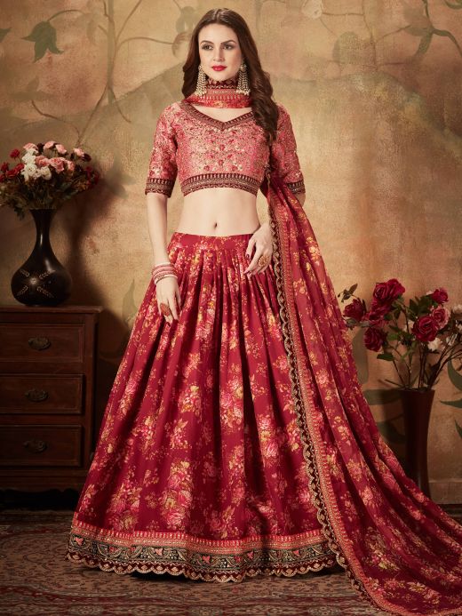 Buy Peach to Pink Multi Color Party Wear Silk Designer Lehenga Collections