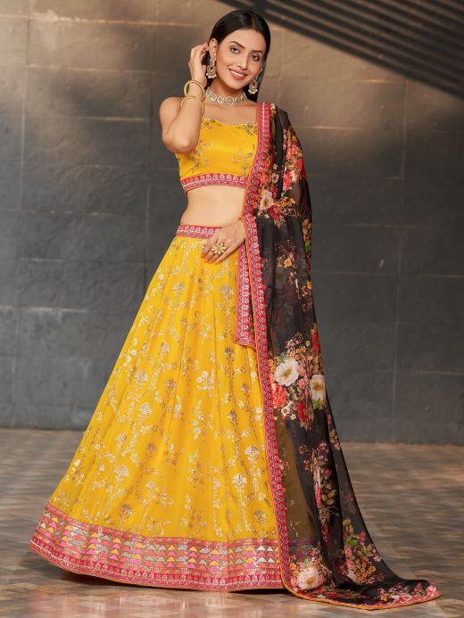 Buy Yellow With Pink Color Thread-Sequence Embroidered Work Bridal Lehenga  Choli | keerramnx